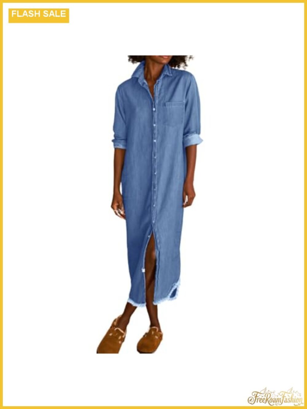 Women's Long Sleeve Button Down Denim Shirt Dress Midi Jean Shift Dress